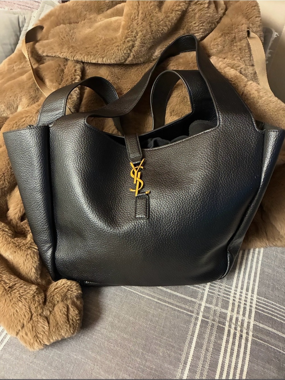 Yves Saint Laurent style Black Pebbled Leather Tote with Gold YSL Logo